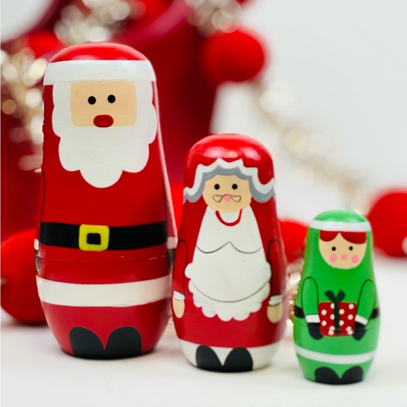 Other - Wood nesting Dolls Hand Painted Santa Claus mrs claus child 3 pc Christmas